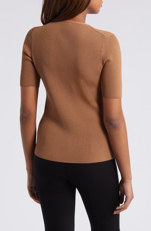 Shop Anne Klein Rib Snap Trim Short Sleeve Crewneck Sweater In Vicuna