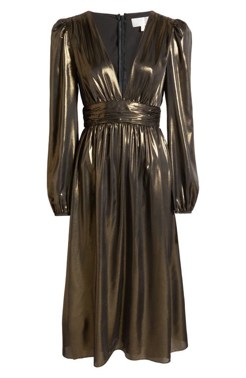 WAYF Plunge Neck Long Sleeve Metallic Lamé Dress in Antique Brass at Nordstrom, Size Medium