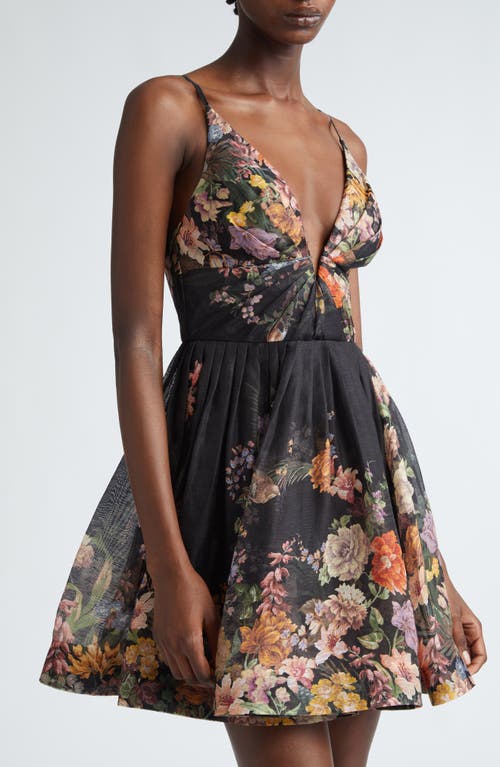 Shop Zimmermann Pavilion Floral Linen & Silk Minidress In Black Multi Floral