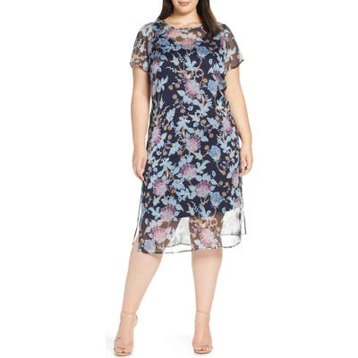 Plus Size Vince Camuto Poetic Blooms Overlay Midi Dress, Blue