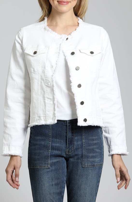 Shop Apny Frayed Collarless Denim Jacket In White