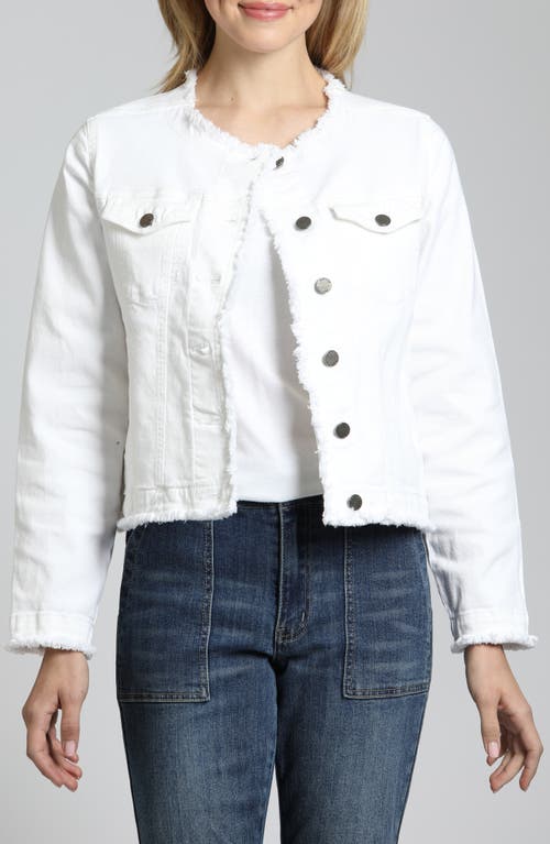 Frayed Collarless Denim Jacket in White