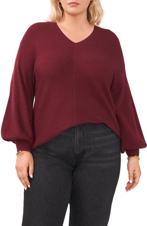 Rib V-Neck Blouson Sleeve Sweater (Plus Size)