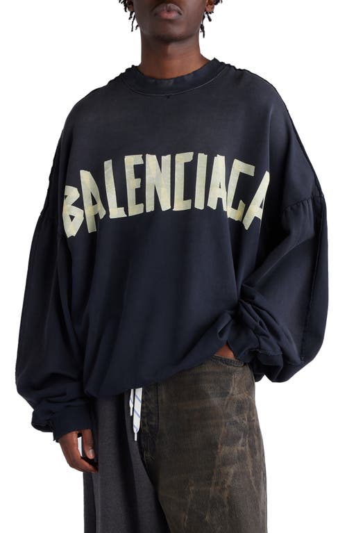 Balenciaga Double Front Oversize Embroidered Graphic Crewneck Sweatshirt In Wash/fade Black