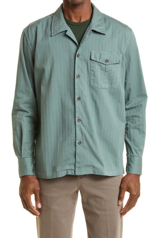 Eleventy Herringbone Cotton Button-Up Shirt in Military Green