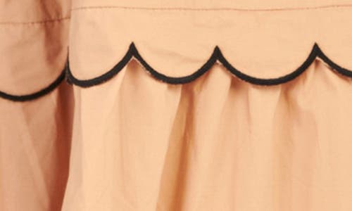 English Factory Puff Sleeve Scallop Trim Cotton Midi Dress In Tan/black