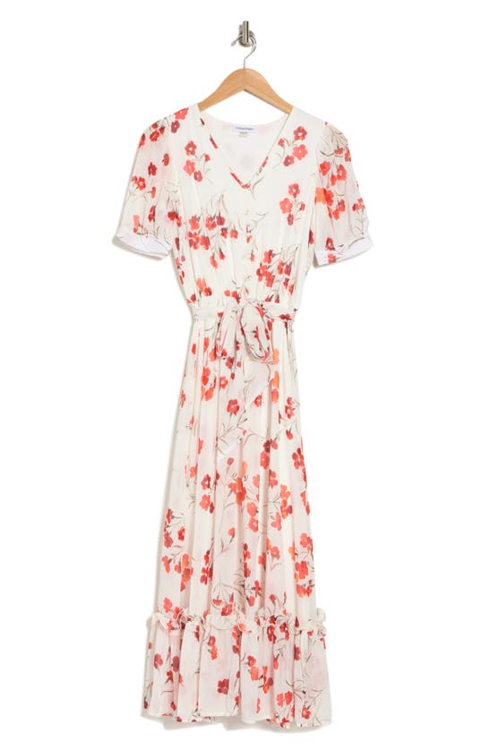 calvin klein short sleeve maxi dress Calvin Klein 3/4 Sleeve Floral Chiffon Maxi Women's Dress Indigo : 2