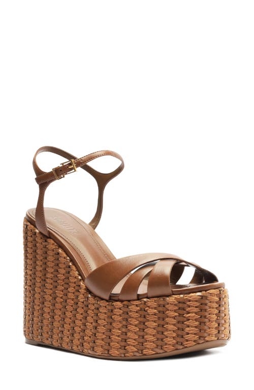 Schutz Keefa Ankle Strap Platform Wedge Sandal in Caramel Coffee 