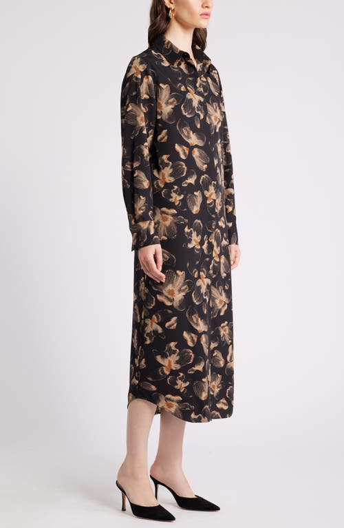 Shop Nordstrom Long Sleeve Satin Midi Shirtdress In Black- Tan Carbon Floral