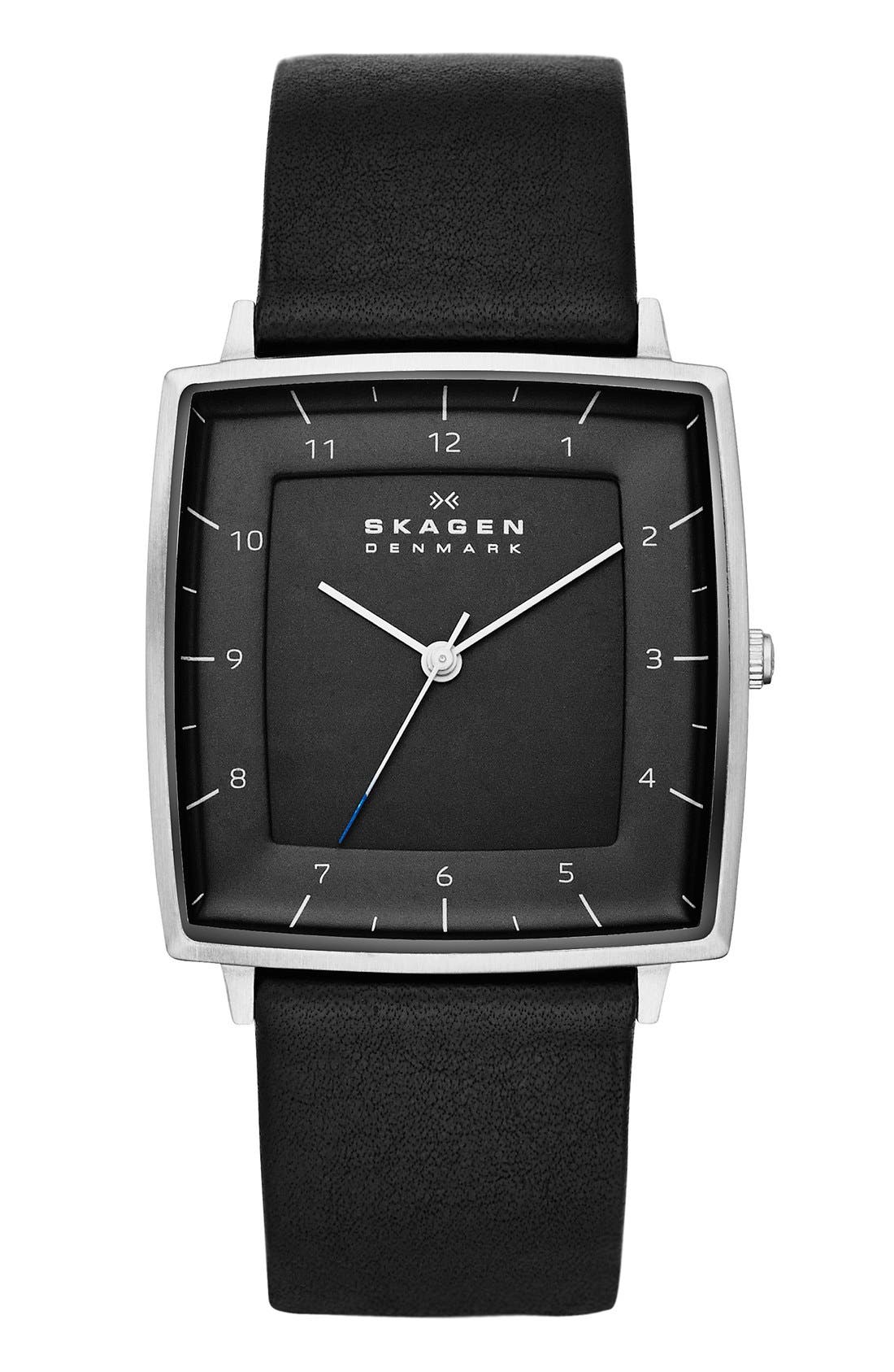 Skagen 'Strand' Square Leather Strap Watch, 35mm Nordstrom