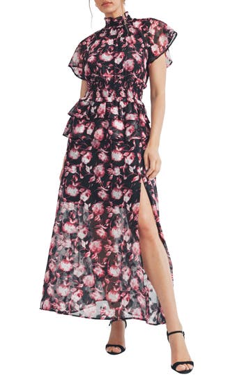Mila Mae Floral Short Sleeve Chiffon Maxi Dress In Black Wine Floral