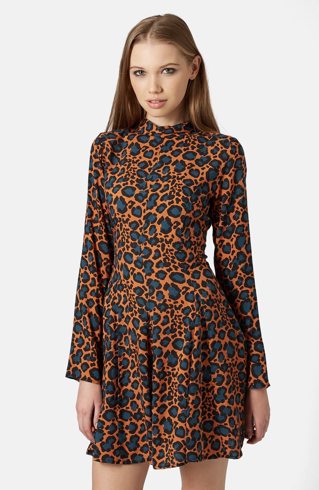 Topshop Long Sleeve Leopard Print Swing Dress (Regular & Petite