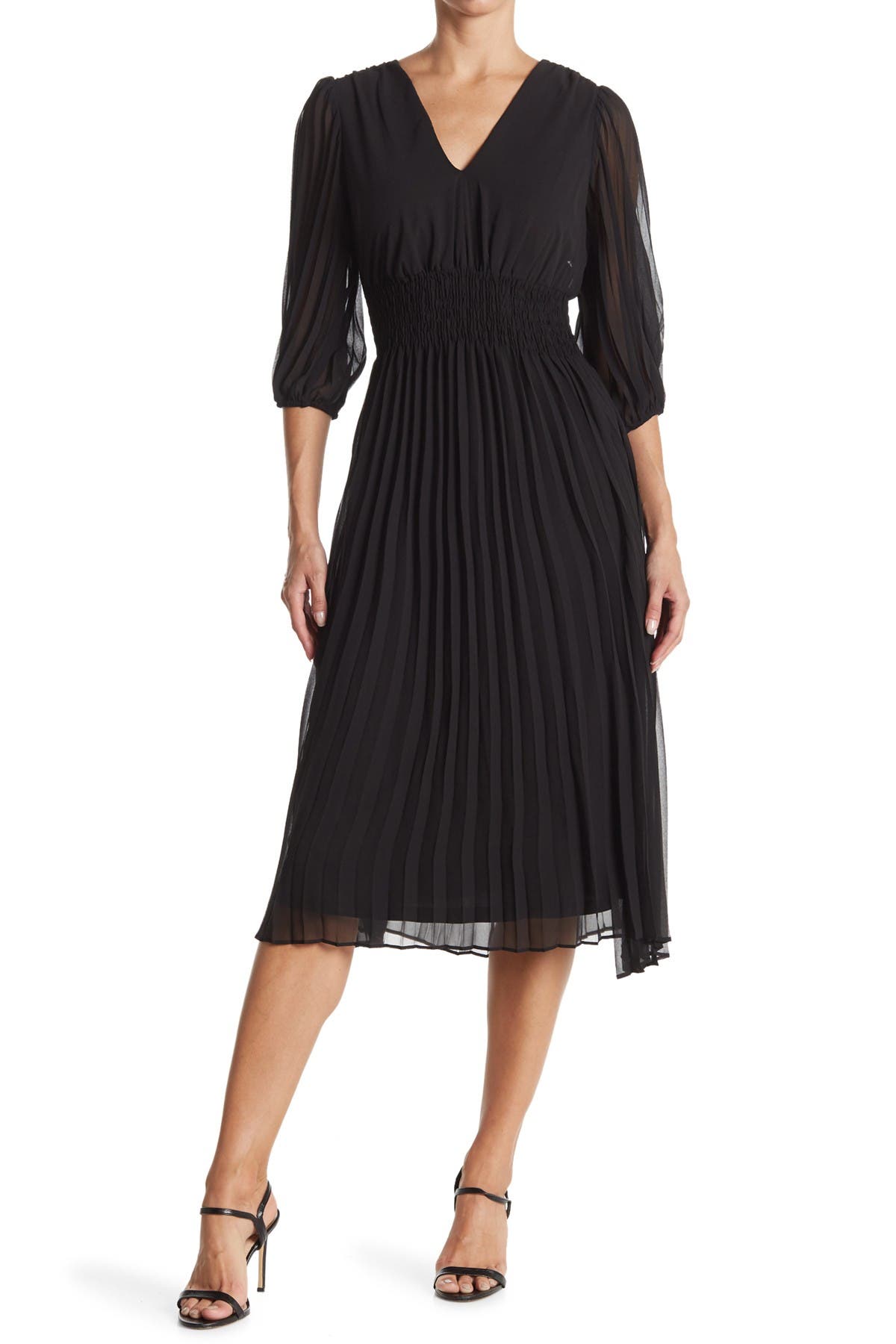 black pleated chiffon dress