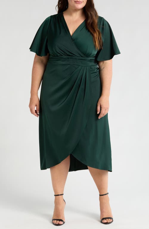 Shop Sl Fashions Faux Wrap Satin Cocktail Midi Dress In Deep Green