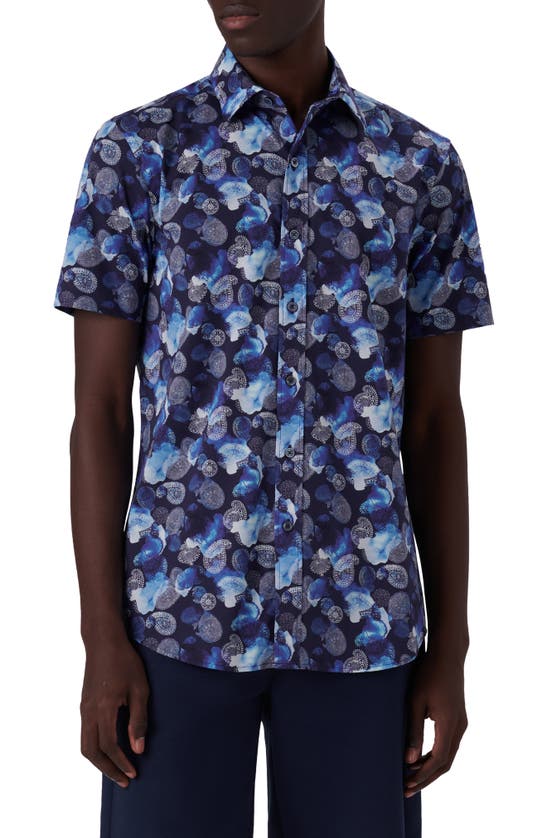 Shop Bugatchi Orson Paisley Mixed Print Short Sleeve Stretch Cotton Shirt In Midnight