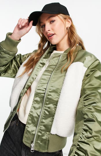 Topshop Faux Leather Aviator Jacket with Faux Shearling Trim