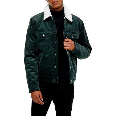 Topman Borg Faux Fleece Lined Corduroy Trucker Jacket, Green