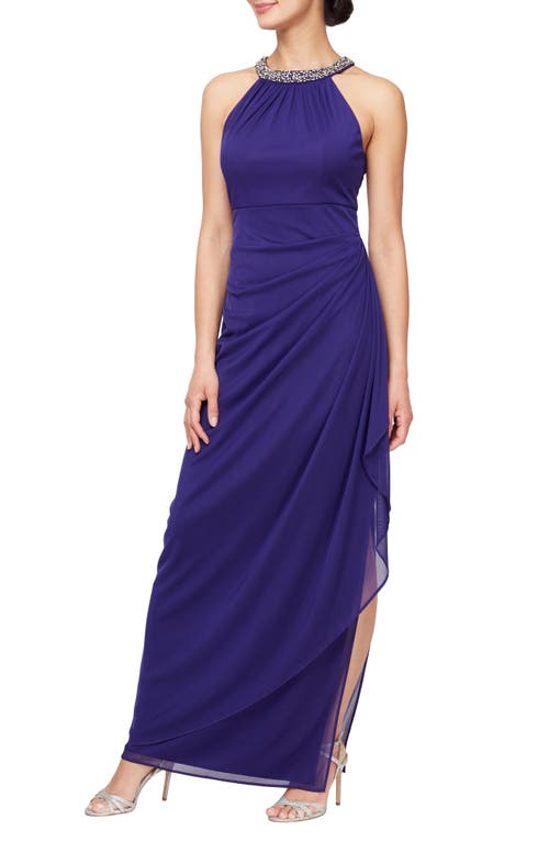 Embellished Halter Ruched Column Formal Gown in Bright Purple