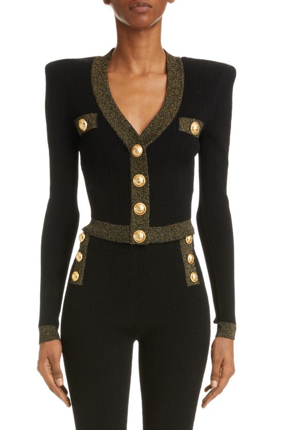 Balmain Cropped Knit Cardigan With Gold Trim In Noir Or