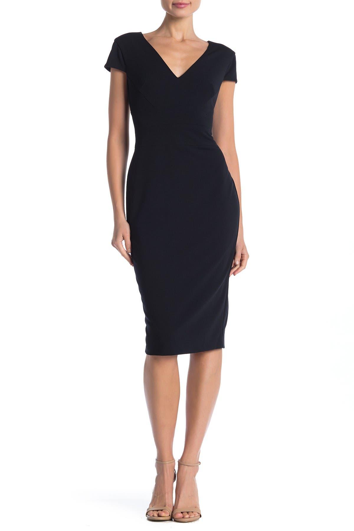 donna morgan cap sleeve crepe sheath dress