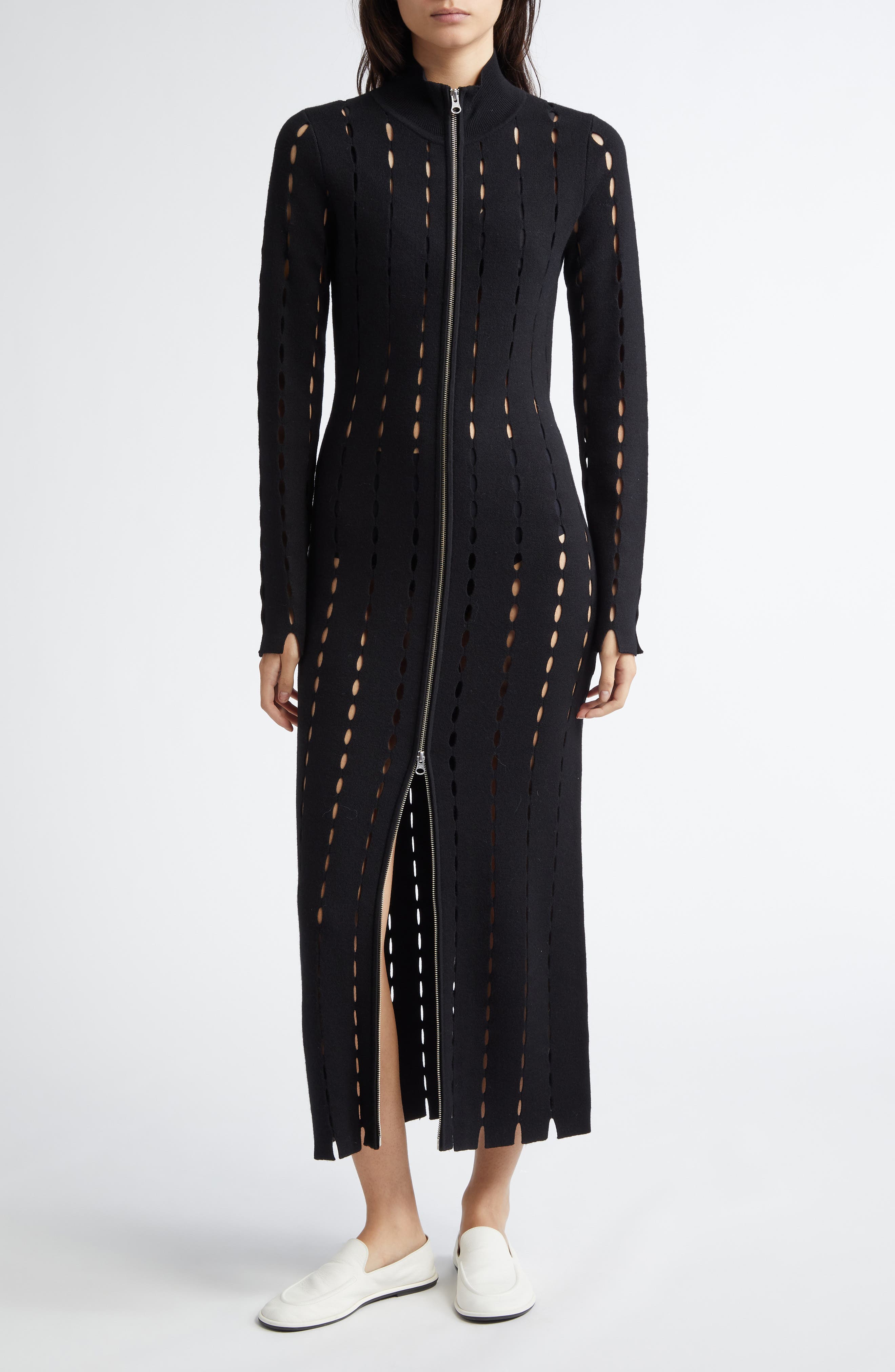 ZANKOV Anatonia Allover Cutout Zip Longline Cardigan in Black 