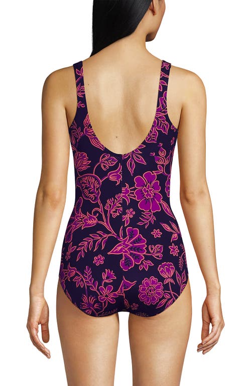 Shop Lands' End Long Chlorine Resistant Scoop Neck Soft Cup Tugless Sporty One Piece Swimsuit In Blackberry Ornate Floral