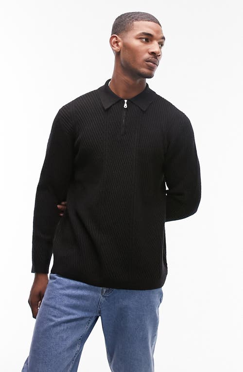Textured Zip Polo Sweater in Black