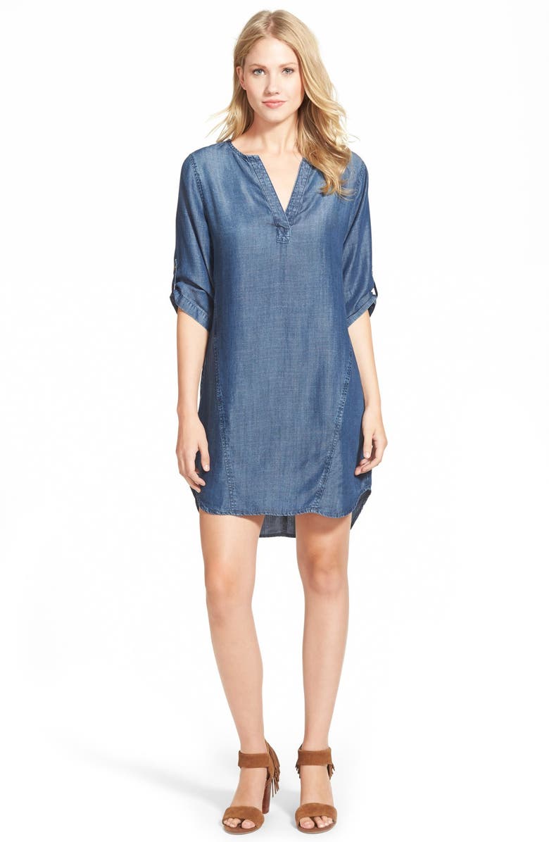 SIDE STITCH Three-Quarter Sleeve Chambray Shift Dress, Main, color, INDIGO HAZE