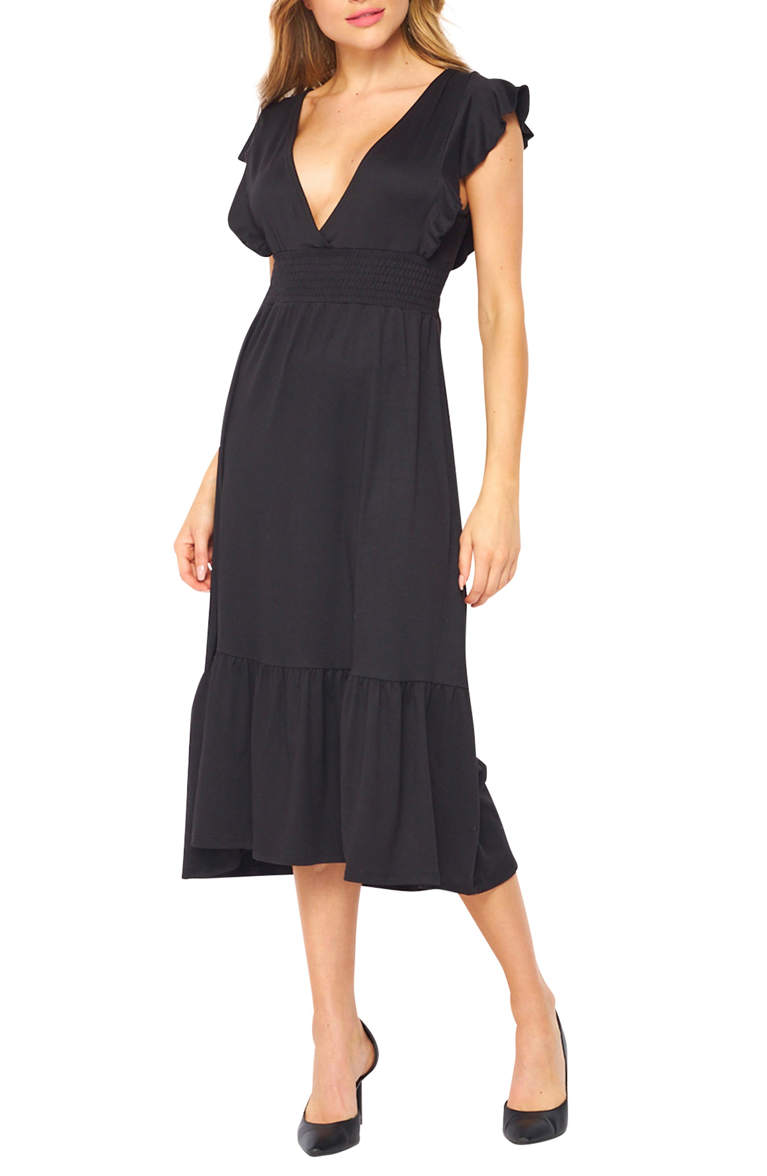 Velvet Torch Floral Ruffle Sleeve Smocked Maxi Dress in Black at Nordstrom Rack, Size X-Small