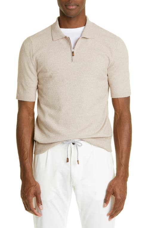 Eleventy Sponge Short Sleeve Cotton Blend Zip Polo Sweater in Camel at Nordstrom, Size Xx-Large