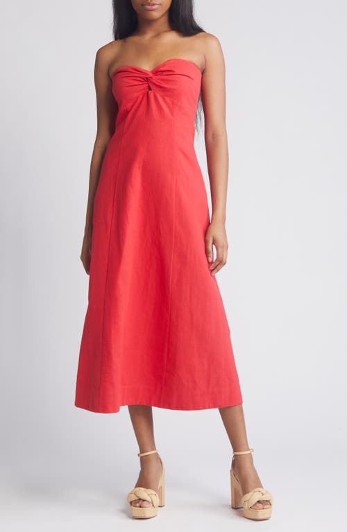 Elia Strapless Linen & Cotton Midi Dress in Red
