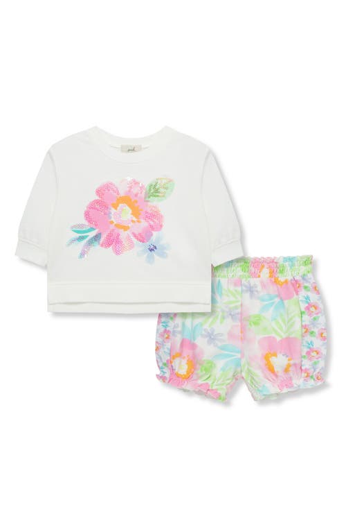 Peek Essentials Watercolor Floral Graphic Top & Print Shorts Set Off-White at Nordstrom,