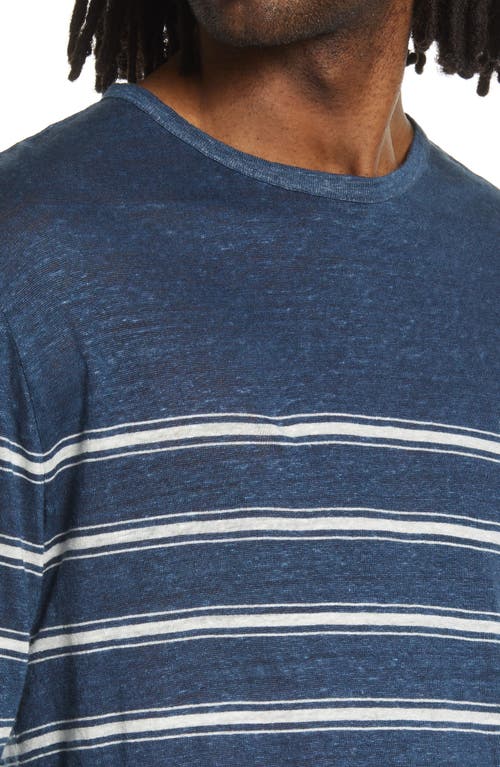 Shop Vince Stripe Crewneck Linen Sweater In Brisk Blue/optic White