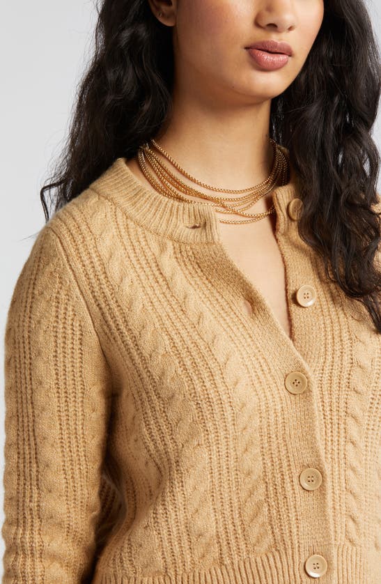 Open Edit Cable Knit Crop Cardigan In Tan Cartouche