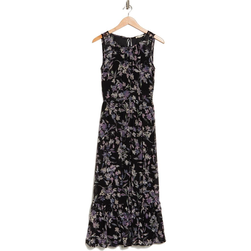 Lovestitch Floral Chiffon Maxi Dress In Black/lavender
