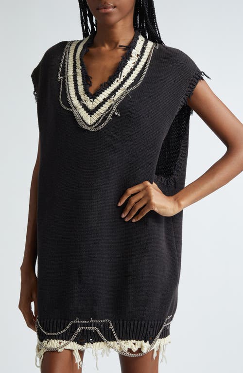 Shop R13 Chain Embellished Distressed Oversize Vest Dress In Black And Ecru With Chains