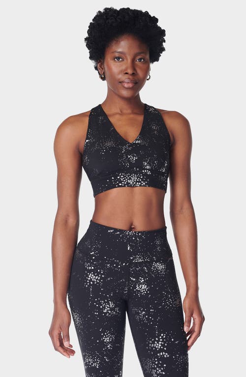 Shop Sweaty Betty Glow Metallic Sports Bra In Black Fragment Foil Print