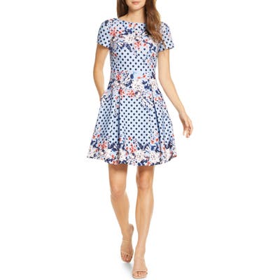 Petite Eliza J Floral Dot Scuba Crepe Fit & Flare Dress, Blue