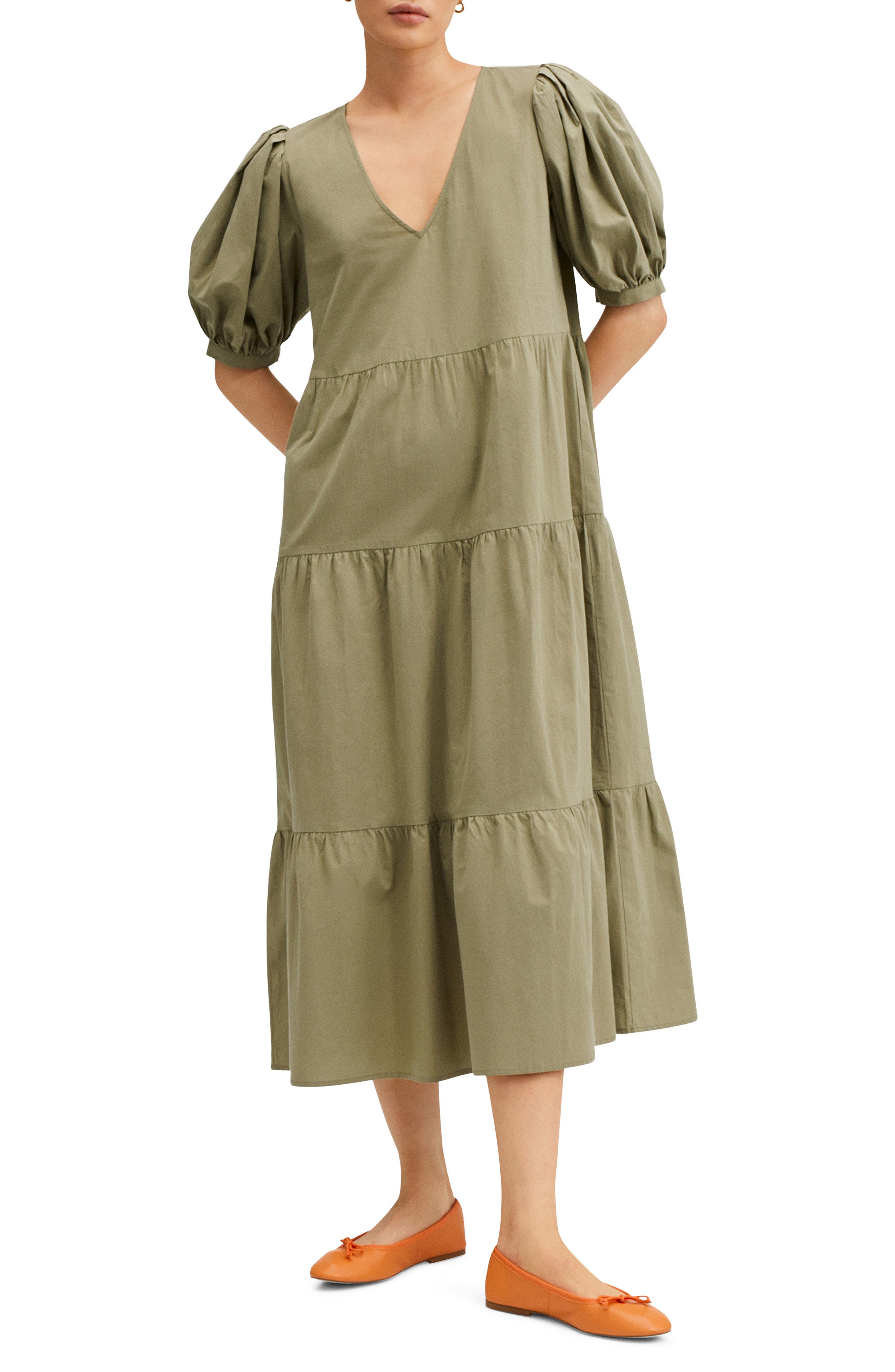Mango - Puffed Sleeves Cotton Dress Khaki - 4 - Women