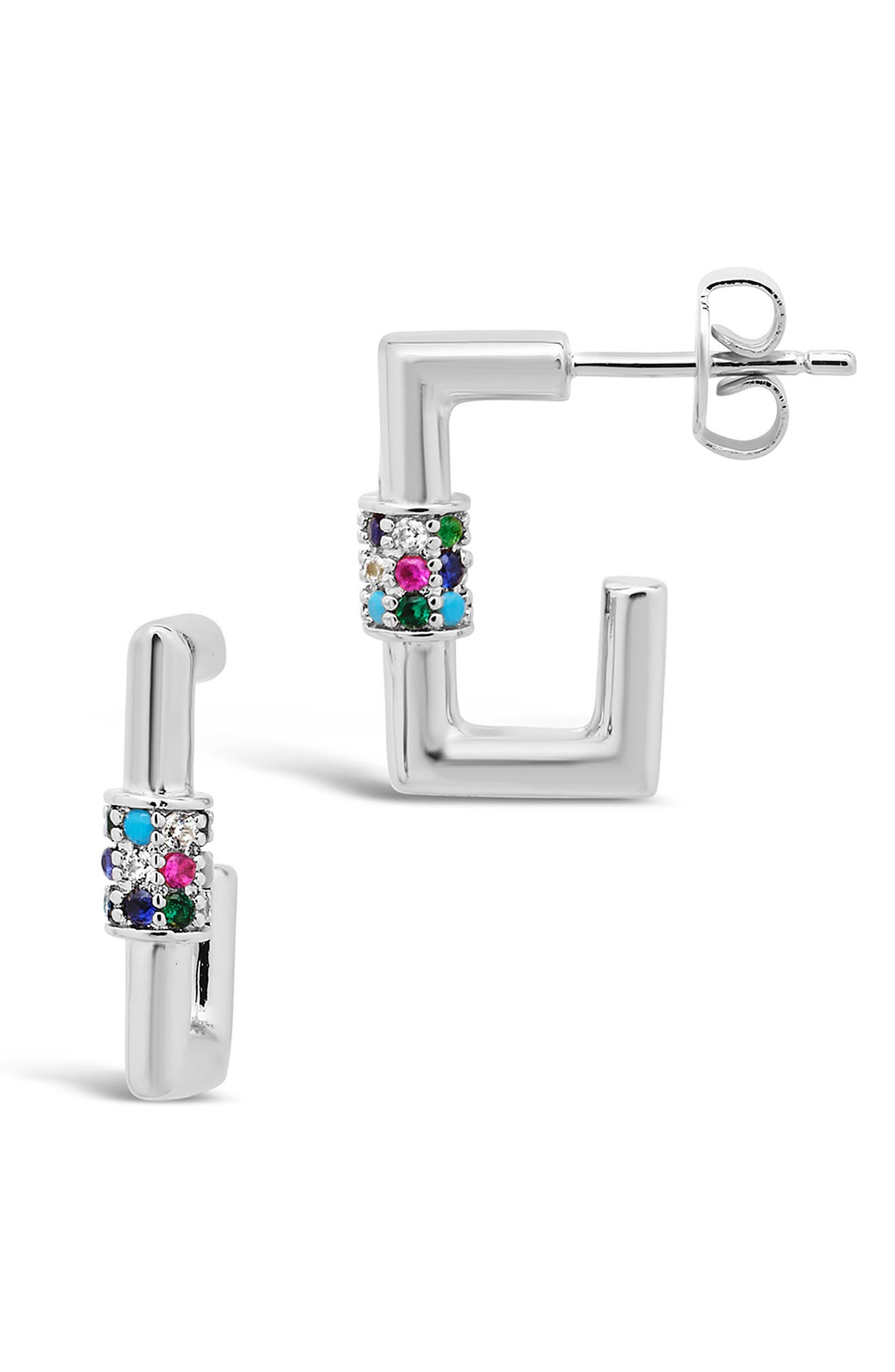 Sterling Forever Rhodium Plated Pave Cz Carabiner Square Hoop Earrings In Silver