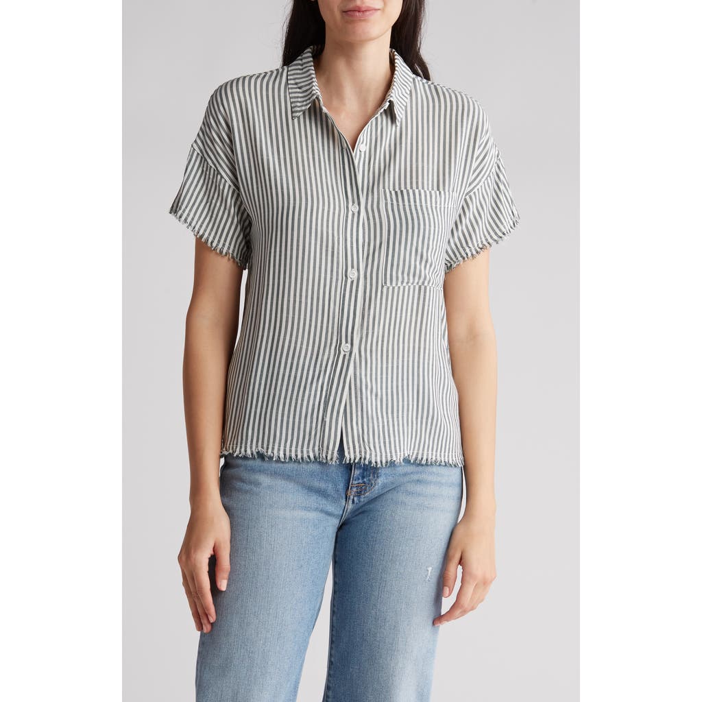 Shop Industry Republic Clothing Frayed Sleeves Camp Shirt In Green/white Stripe