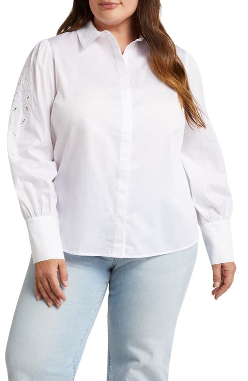 Devlin Embroidered Sleeve Cotton Button-Up Shirt in White