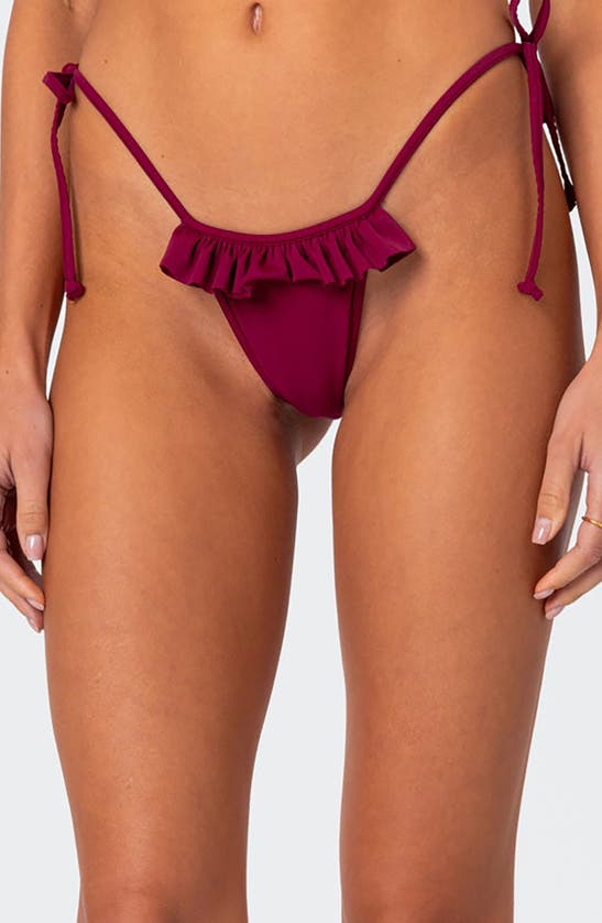 Shop Edikted Joelle Ruffle Side Tie Bikini Bottoms In Burgundy