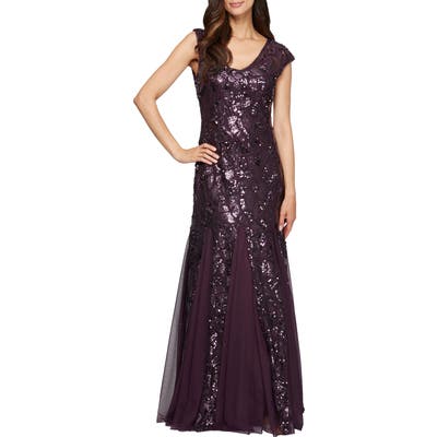 Petite Alex Evenings Sequin Trumpet Gown, Purple