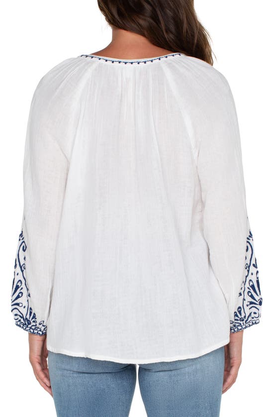 Shop Liverpool Los Angeles Embroidered Double Gauze Top In Off Wht Blue Embroidery