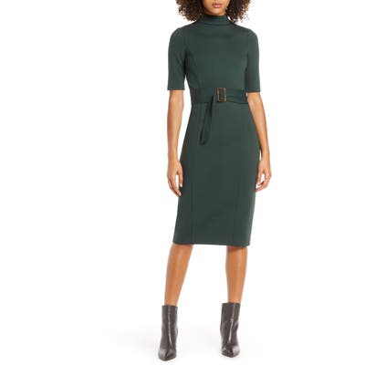 Chelsea28 Belted Mock Neck Sheath Dress, Green