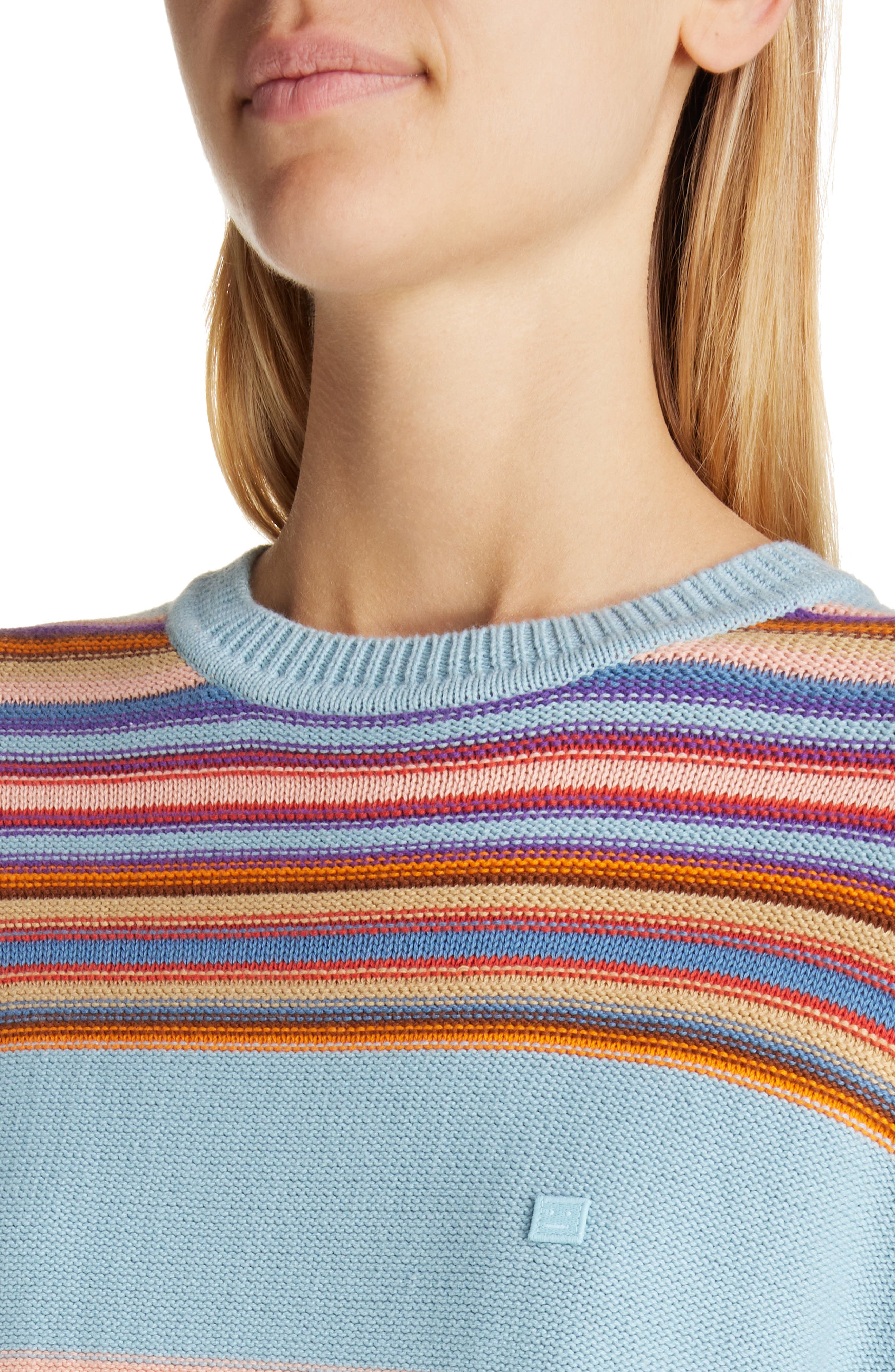 Acne Studios Kenzil Face Patch Stripe Cotton Sweater in Dusty Blue