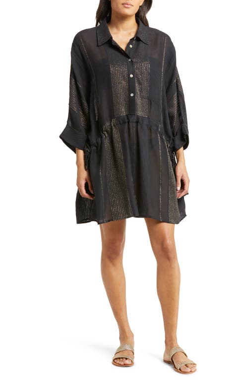 Elan Cinched Sides Long Sleeve Cover-Up Shirtdress in Black