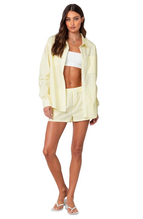 Shop Edikted Pinstripe Oversize Button-up Shirt In Yellow