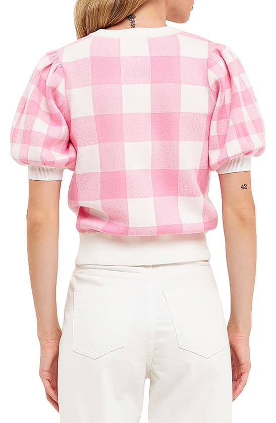 English Factory Gingham Puff Sleeve Sweater In Pink